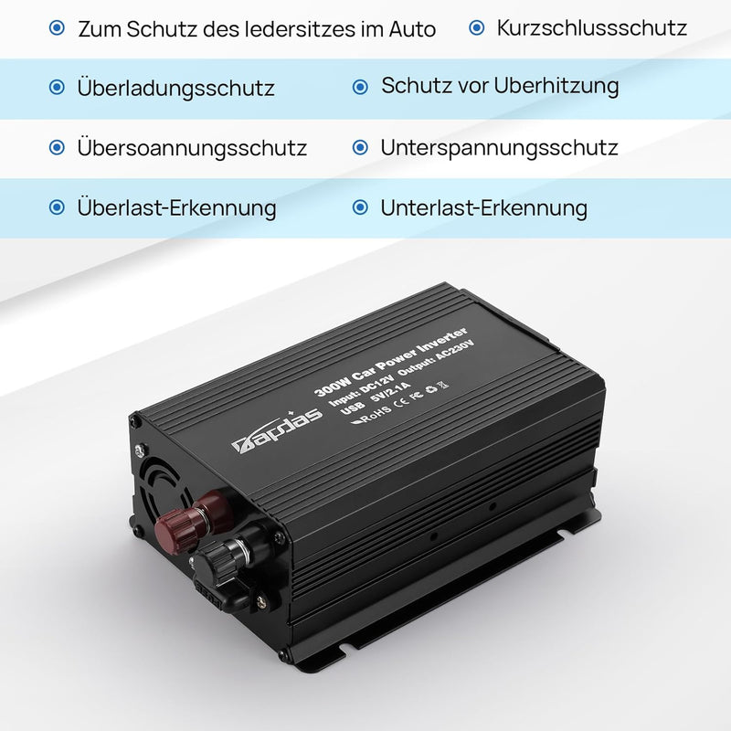 Bapdas 300W Wechselrichter DC 12 V auf AC 230 V Spannungswandler，USB-Anschlüssen (2,4A) für Auto, Wo