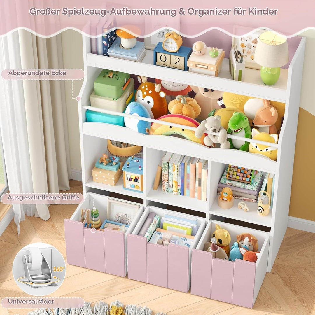HOCSOK 110cm Kinderregal mit Boxen auf Rollen, Kinderbücherregal mit 4 Ablagefächern, Spielzeugregal