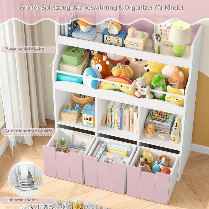 HOCSOK 110cm Kinderregal mit Boxen auf Rollen, Kinderbücherregal mit 4 Ablagefächern, Spielzeugregal