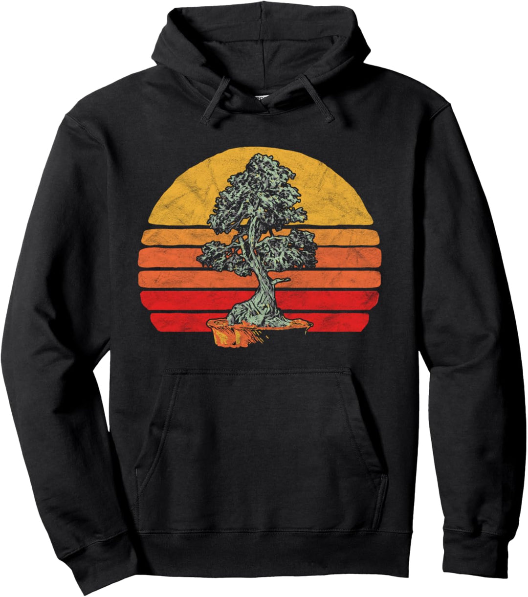 Retro Sun Minimalist Bonsai Tree Pine Graphic 80's Pullover Hoodie