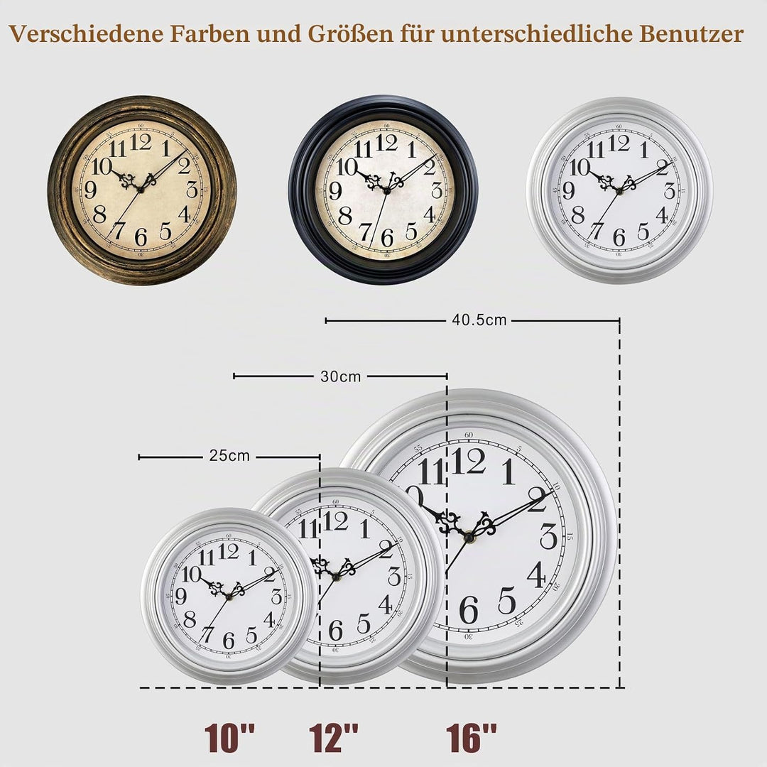 Plumeet Wanduhr Klassisch 25cm Ruhige Retro Wanduhr ohne Tickgeräusche für Wohnzimmer - Schlafzimmer