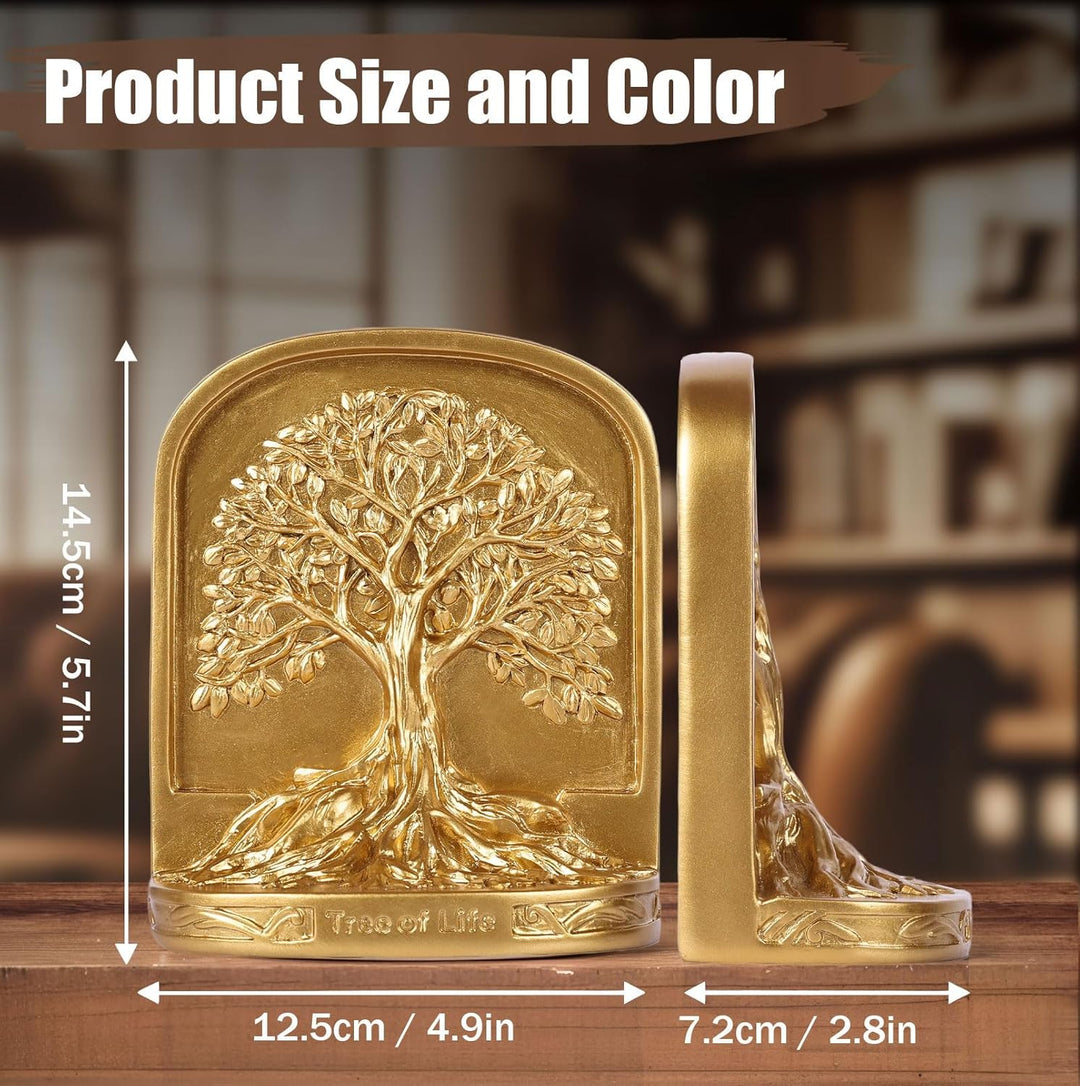 Buchstützen-Set, Baum des Lebens, goldfarben, 2 dekorative Buchstützen für Regale oder Bücherregal,