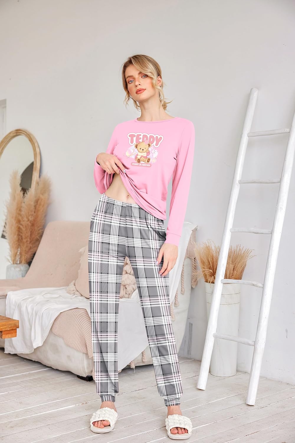 Ekouaer Schlafanzug Damen Lang Kuschelig Pyjama Set mit Bündchen Kariert Pyjamahose mit Tasche Pink