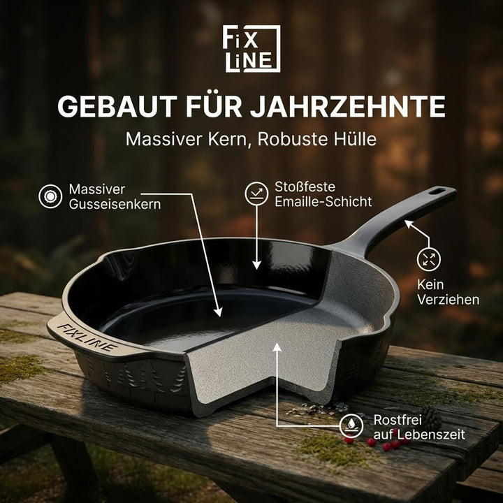 FIXLINE® BLACK FOREST Gusseisenpfanne 24cm - Induktion und alle Herdarten - Emailliert für kein Rost