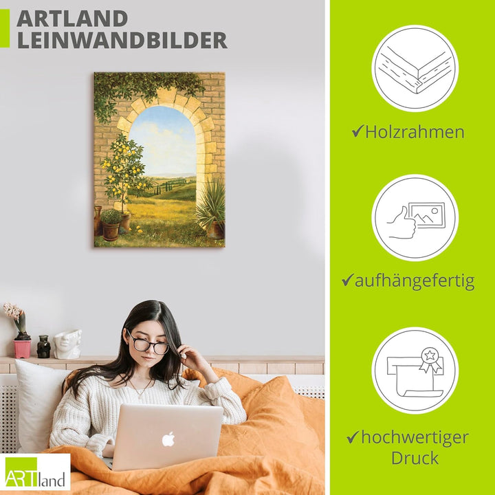 Artland Leinwandbild Wandbild Bild auf Leinwand 60x80 cm Wanddeko Fensterblick Toskana Landschaft Na