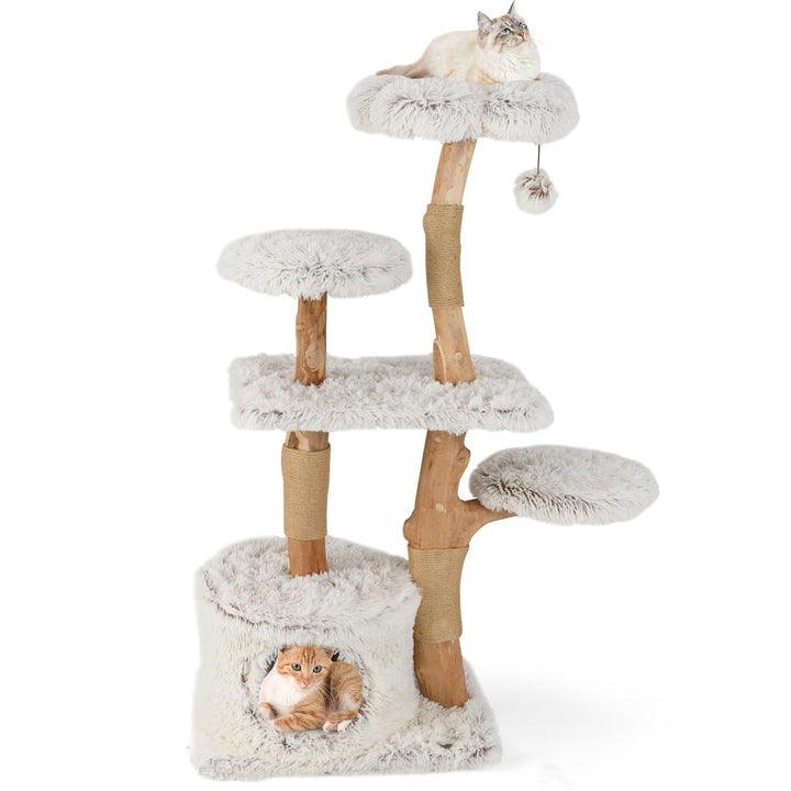 COSTWAY 135cm Kratzbaum Holz, Katzenbaum mit Katzenhöhle, Plüschsitzfläche, Sitzplattform &amp; Ball, Ka