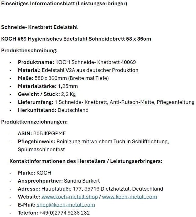 KOCH #69 Edelstahl Schneidebrett, Knetbrett, Arbeitsplatte, Arbeitsfläche mit satinierter Oberfläche