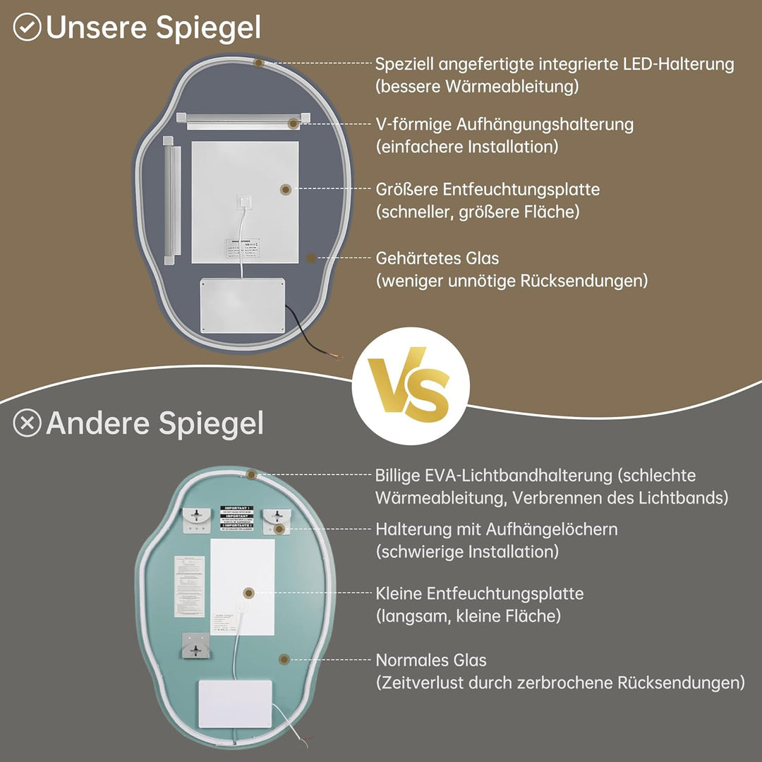 Spiegel mit Beleuchtung Asymmetrischer LED Badspiegel 56 x 76 cm mit Touch-Schalter, Dimmbar 3 Licht