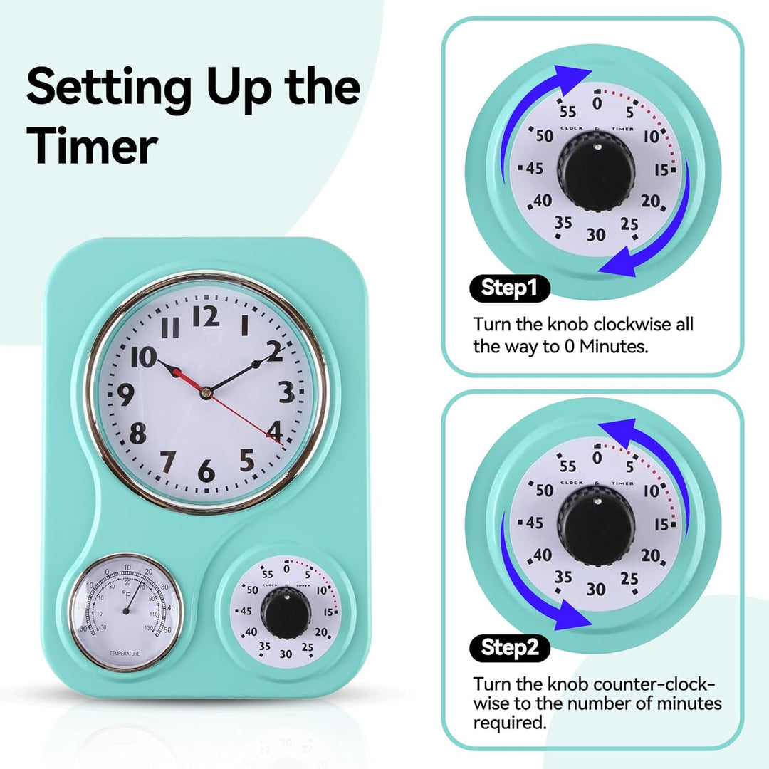 LilysHome Retro Küche Uhr mit Temperaturanzeige und Timer Türkis