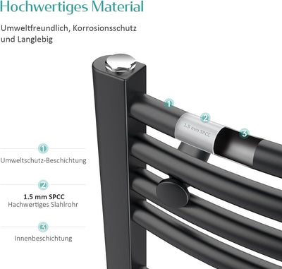 EMKE Badheizkörper Elektrisch Handtuchwärmer mit Thermostat Gebogen 75x60cm 300 Watt Anthrazit Handt