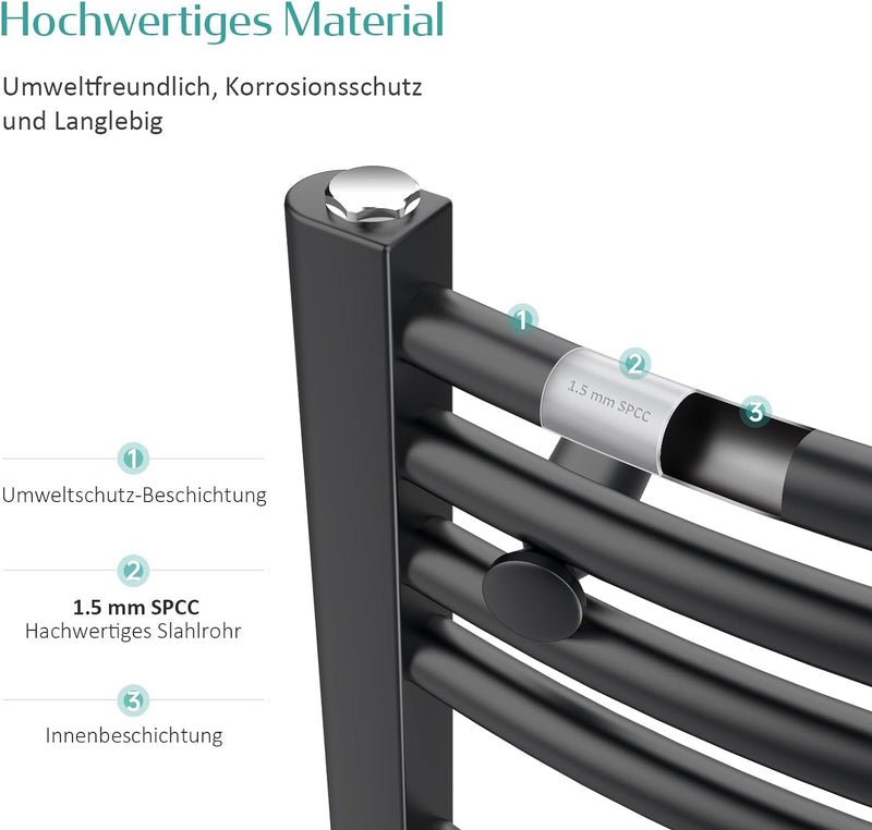 EMKE Badheizkörper Elektrisch Handtuchwärmer mit Thermostat Gebogen 75x60cm 300 Watt Anthrazit Handt