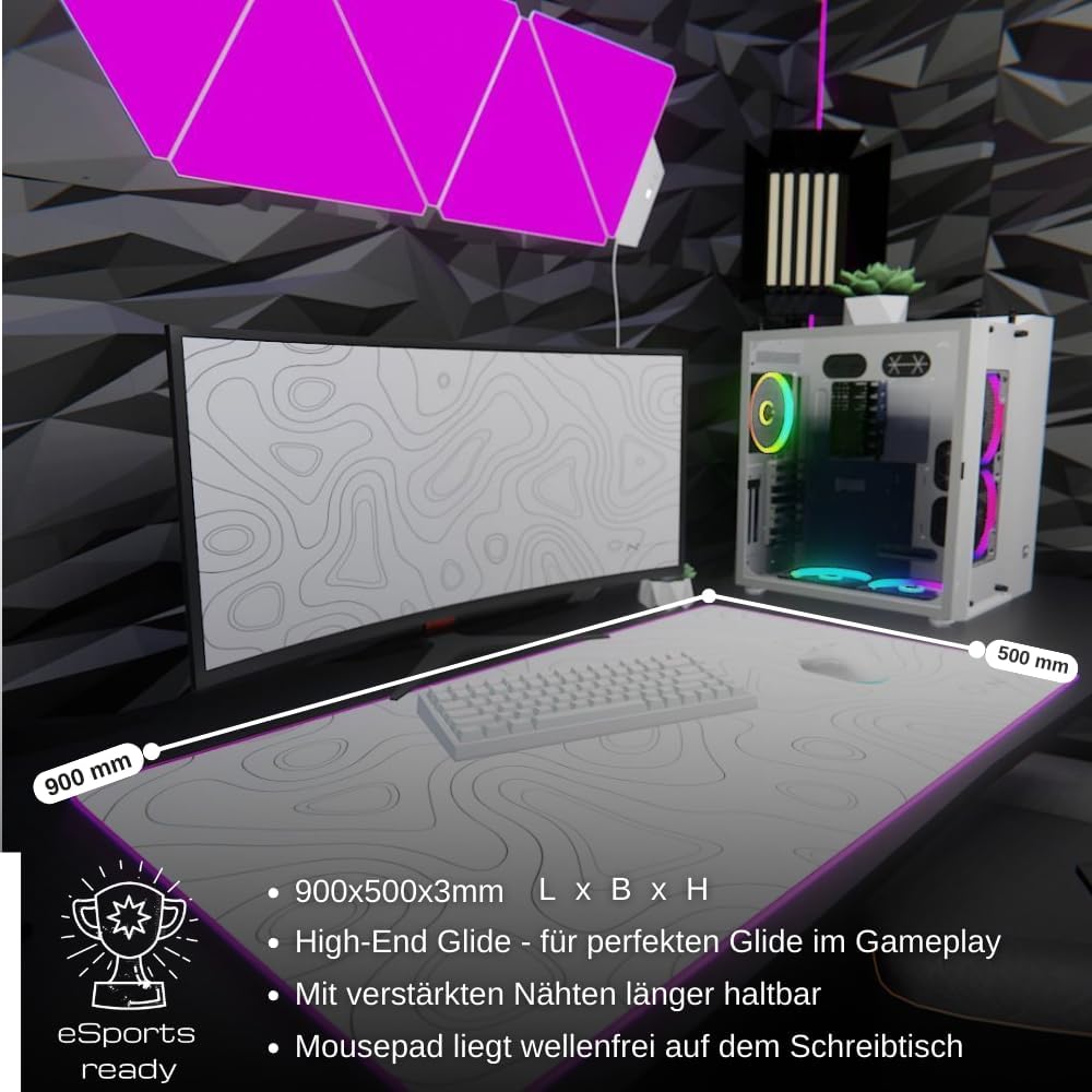 Nyfter - XXL Gaming Mauspad RGB White im Topography Design 900 x 500mm Premium Mousepad Size Gross v