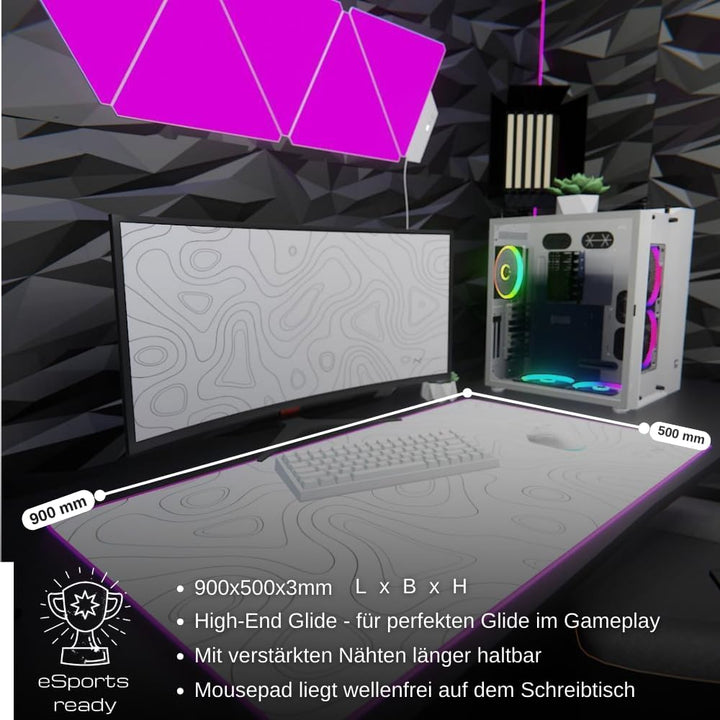 Nyfter - XXL Gaming Mauspad RGB White im Topography Design 900 x 500mm Premium Mousepad Size Gross v