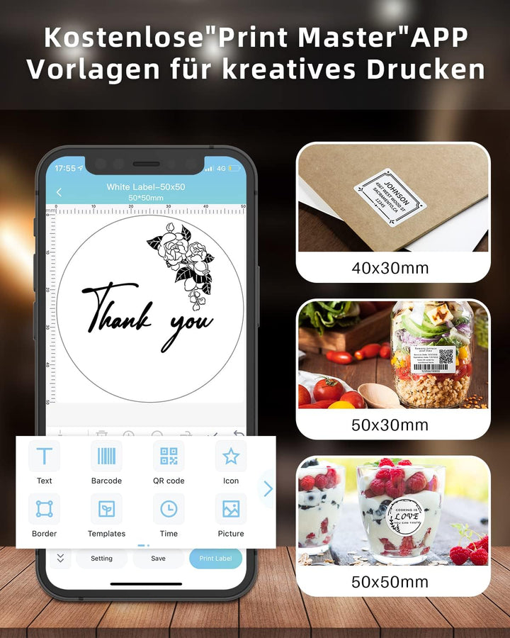 Phomemo M120 Etikettendrucker mit 3 Rollen Etikettenpapier, Bluetooth Thermo Beschriftungsgerät,Trag