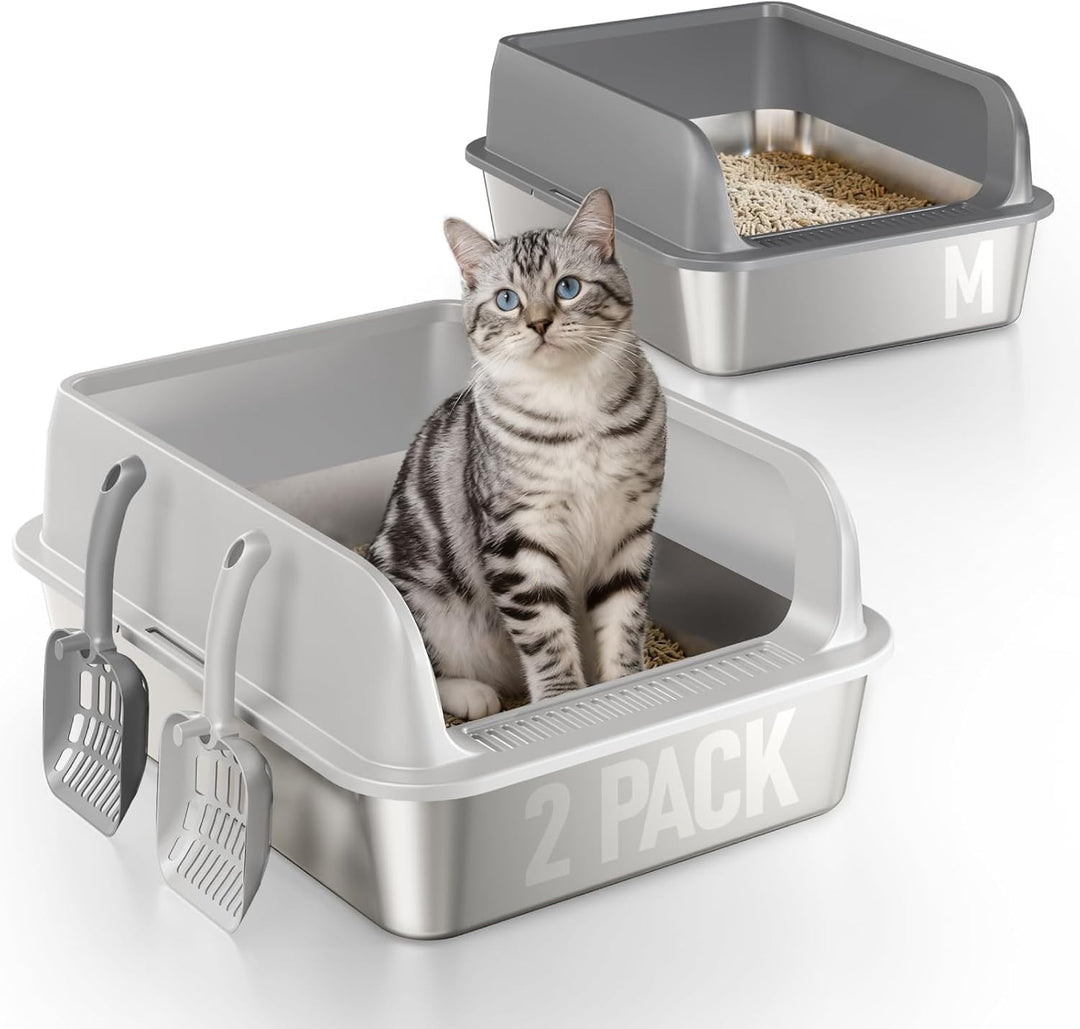 2 Pack Katzenklo Edelstahl Gehege mit Deckel, grosse Katzentoilette aus Edelstahl, Katzenklo Mit Hoc