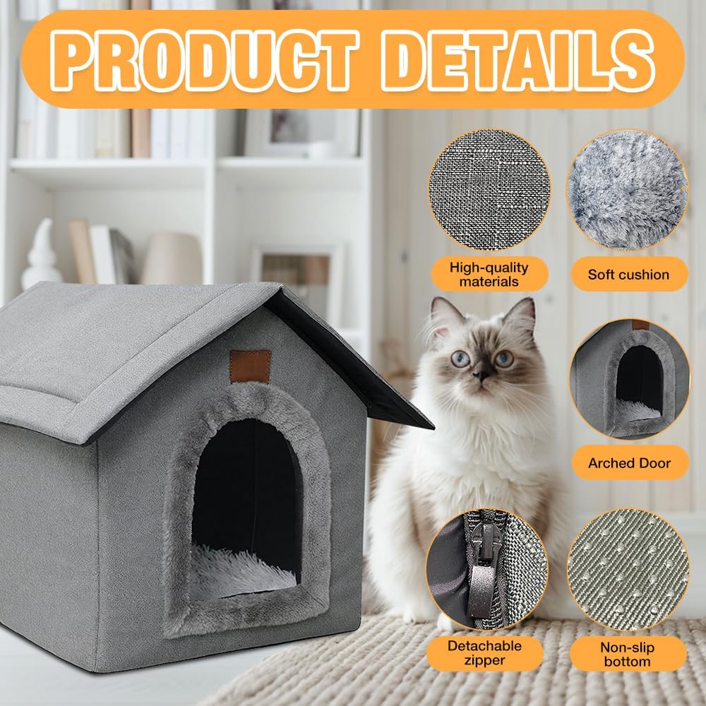 Katzenhaus, Katzenhöhle mit Abnehmbarem Plüschkissen, Hundehöhle, Winterfest Wasserdicht Wetterfeste