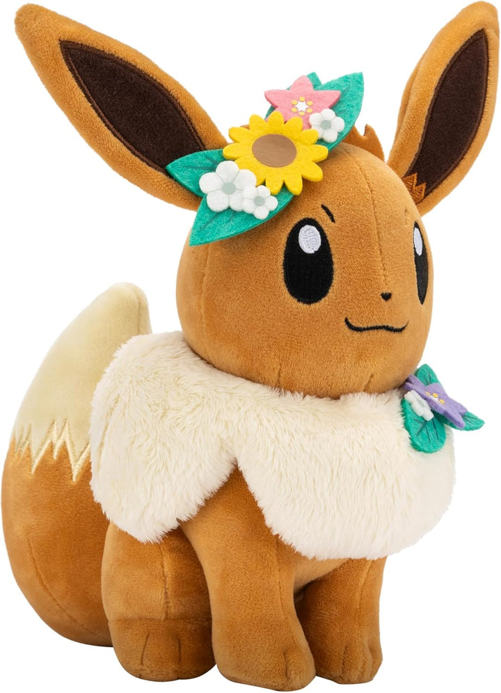 Pokémon PKW3667-20cm Plüsch - Evoli mit Blumenkrone, offizielles Plüsch