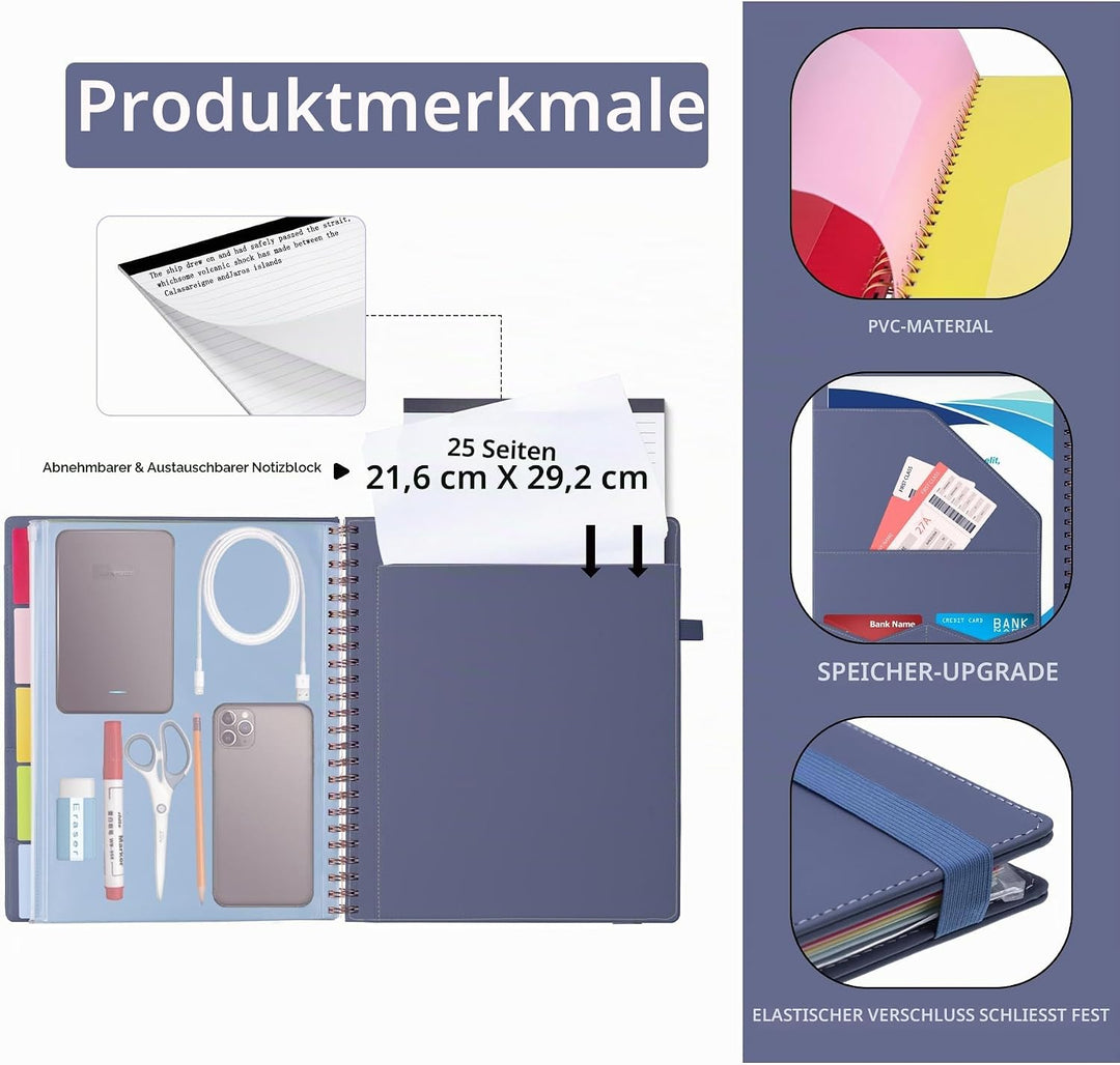 HAUTOCO Klemmbrett Folio mit A4 Zip Beutel, Klemmbrettmappe A4 mit nachfüllbarem Notizblock, Klemmbr
