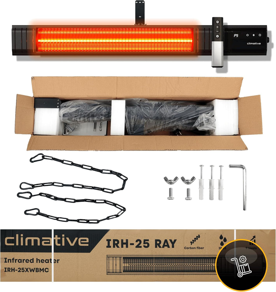 Infrarot Heizstrahler 2500W, 9 Stufen, IP65, Montageketten, Fernbedienung, Timer, Elektroheizung RAY