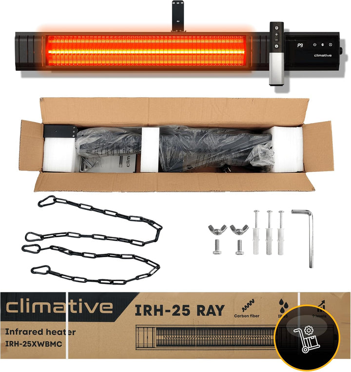 Infrarot Heizstrahler 2500W, 9 Stufen, IP65, Montageketten, Fernbedienung, Timer, Elektroheizung RAY