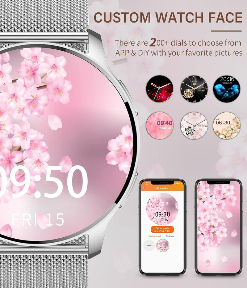 niolina Smartwatch Damen mit Telefonfunktion,1.32 Zoll HD Voll Touchscreen Armbanduhr mit Pulsmesser