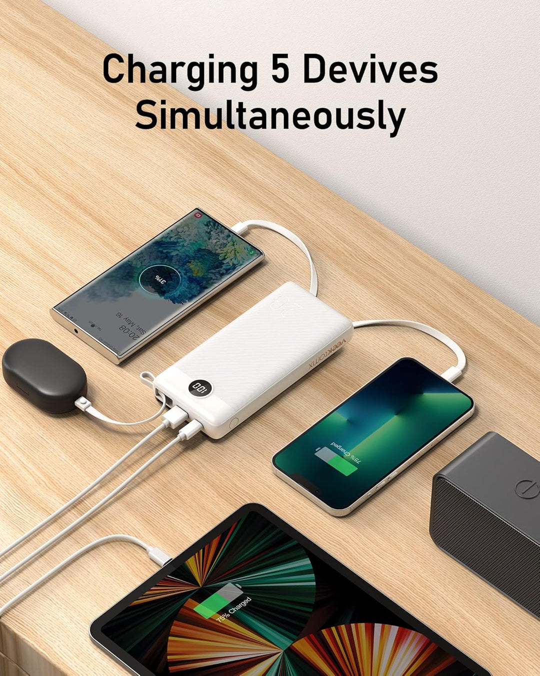 VEEKTOMX Powerbank 20000mAh Power Bank mit Kabel Powerbank USB C Tragbares Ladegerät 5 Ausgängen LED