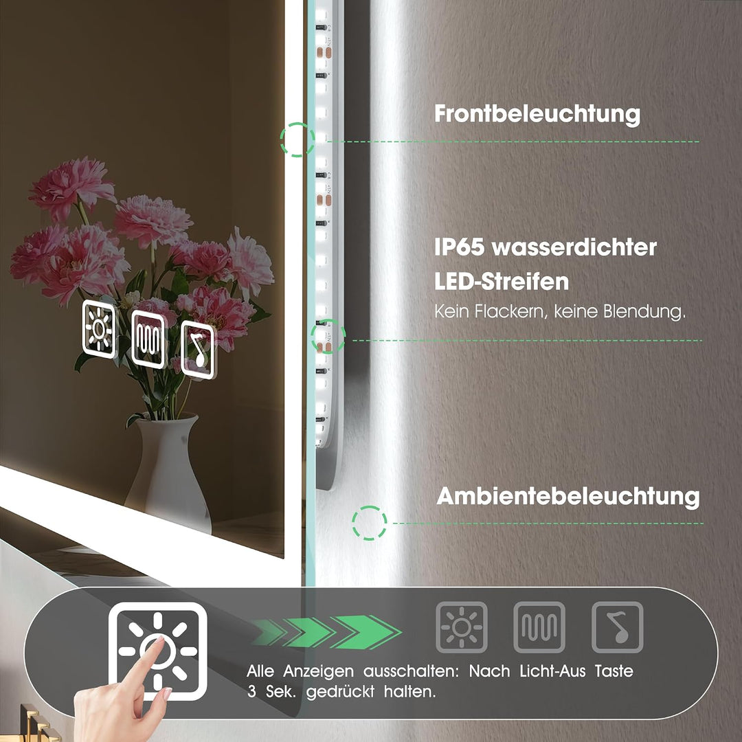 S'bagno Bluetooth-Badspiegel-mit-Beleuchtung-100x70cm, LED-Badezimmerspiegel mit Entfoggen, 3000K-65