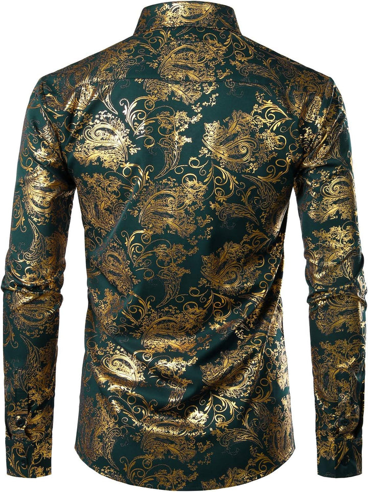 PARKLEES Herren Luxus Paisley Gemustert Golden Glänzend Slim Fit Freizeithemd XXL Dunkel Waldgrün, X