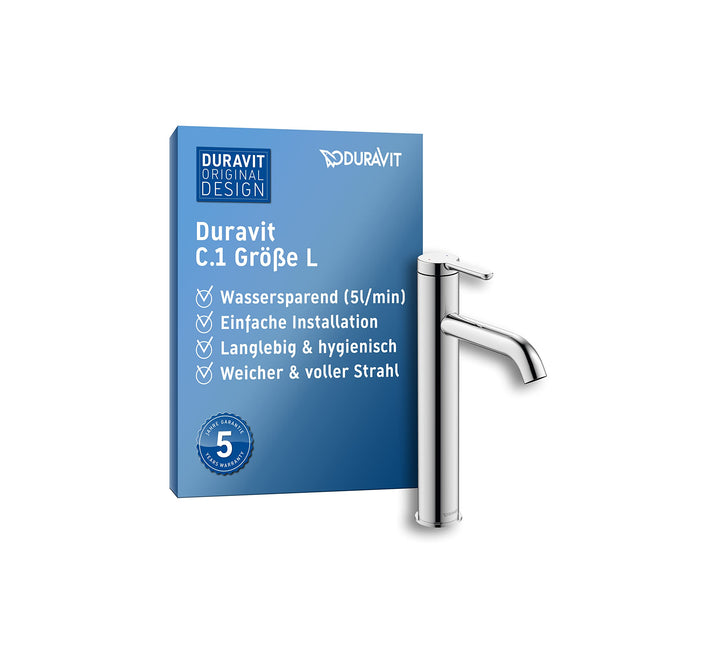 Duravit C.1 Waschtischarmatur, Grösse L (Auslauf Höhe 173 mm). Wasserhahn Bad in Chrom L ohne