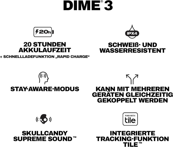 Skullcandy Dime 3 Wireless Earbuds, Bluetooth-Kopfhörer, schallisolierende Passform, bis zu 20 Stund
