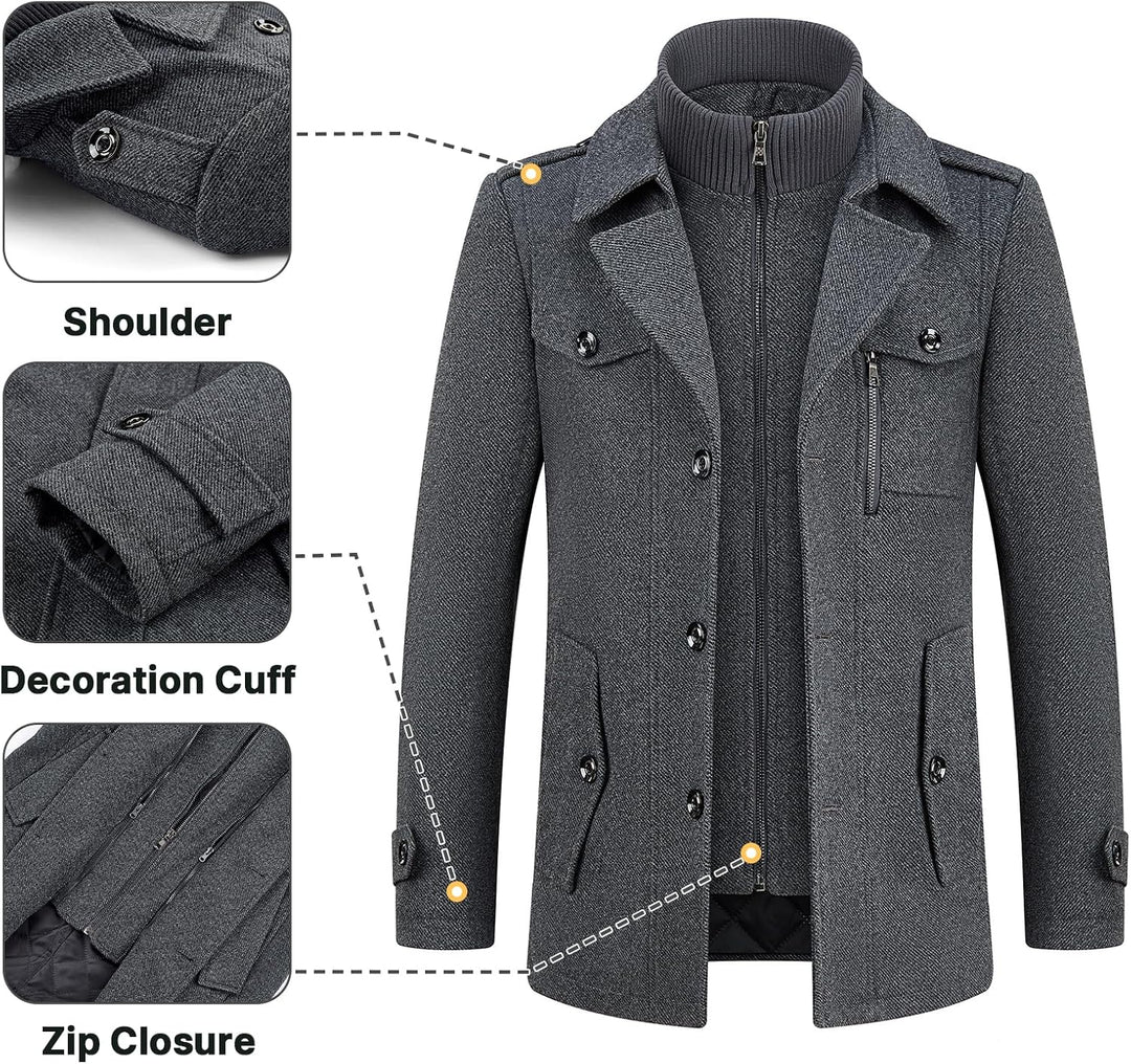 KUDORO Herren Wintermantel Wolle Kurzmantel Herren Wollmantel Mittellang Slim Fit für Business Freiz
