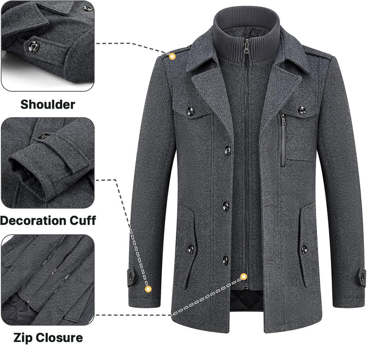 KUDORO Herren Wintermantel Wolle Kurzmantel Herren Wollmantel Mittellang Slim Fit für Business Freiz