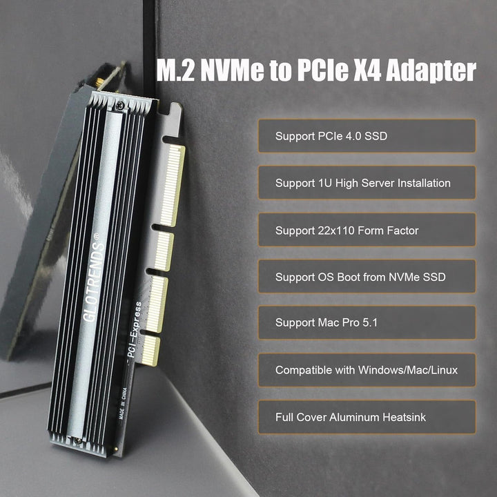GLOTRENDS PA16 22110/2280 M.2 NVMe zu PCIe 4.0 X4 Adapter mit Vollabdeckung Aluminium Kühlkörper, PC