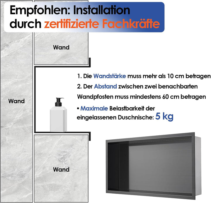 Duschnische 60 x 30 cm, Edelstahl Wandnische Dusche Keine Fliesen erforderlich,Wasserfeste Einbaunis