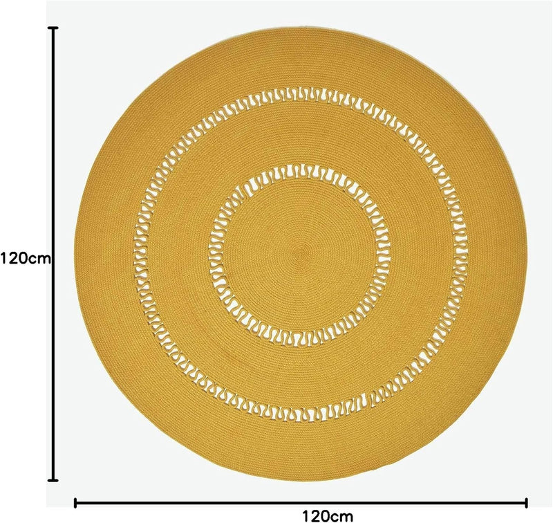 Homescapes senfgelber Teppich, rund, 120 cm, gehäkelter Teppich/Vorleger aus Baumwolle im Retro-Look