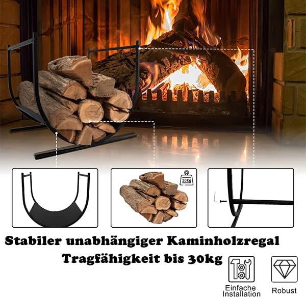 Aufun Kaminholzkorb Edelstahl, U-form Feuerholzkorb modern, Brennholzkorb gross, Holzwiege Kamin, Fe