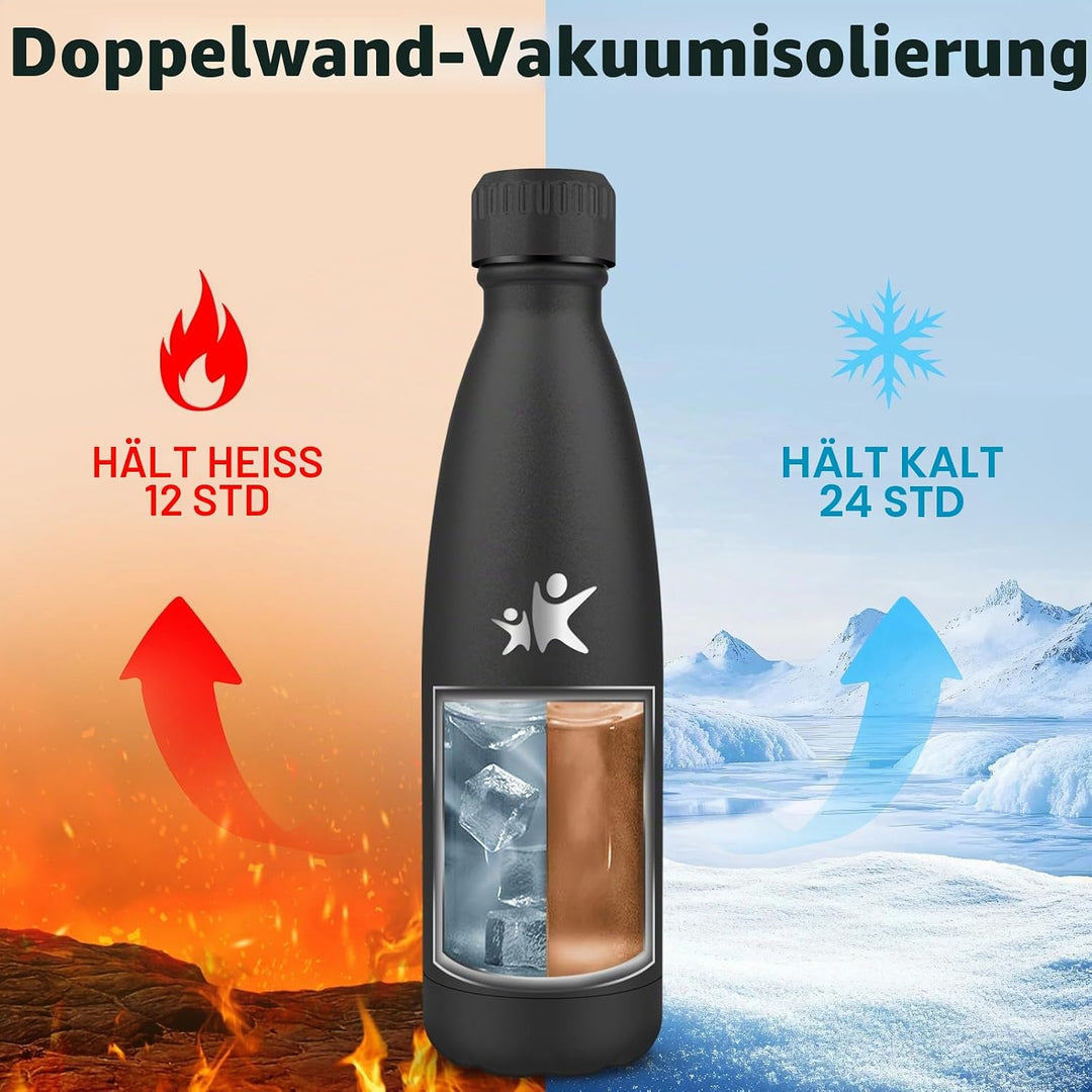 Trinkflasche Edelstahl, Trinkflasche Kinder, 500ML BPA-frei, Thermosflasche, Wasserflasche Doppelwan