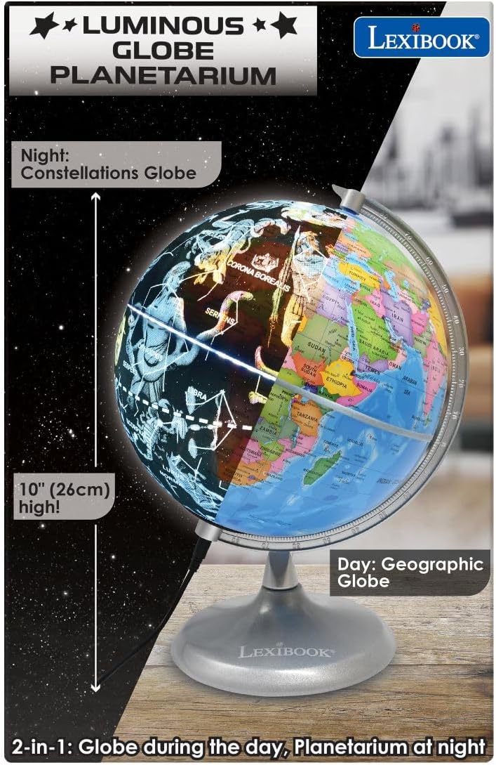 Lexibook NLJ185EN Leuchtendes Planetarium, STEM, 2-in-1 Globus während des Tages, Konstellationskart