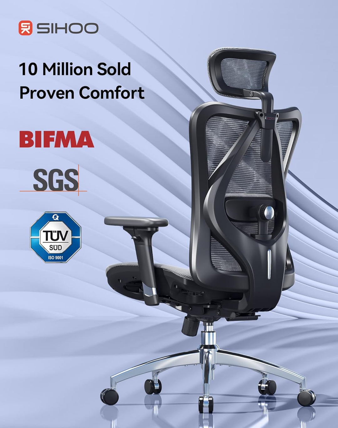 SIHOO Ergonomischer Bürostuhl, Chefsessel mit 3D verstellbare Armlehne und Lendenwirbelstütze, Hautf