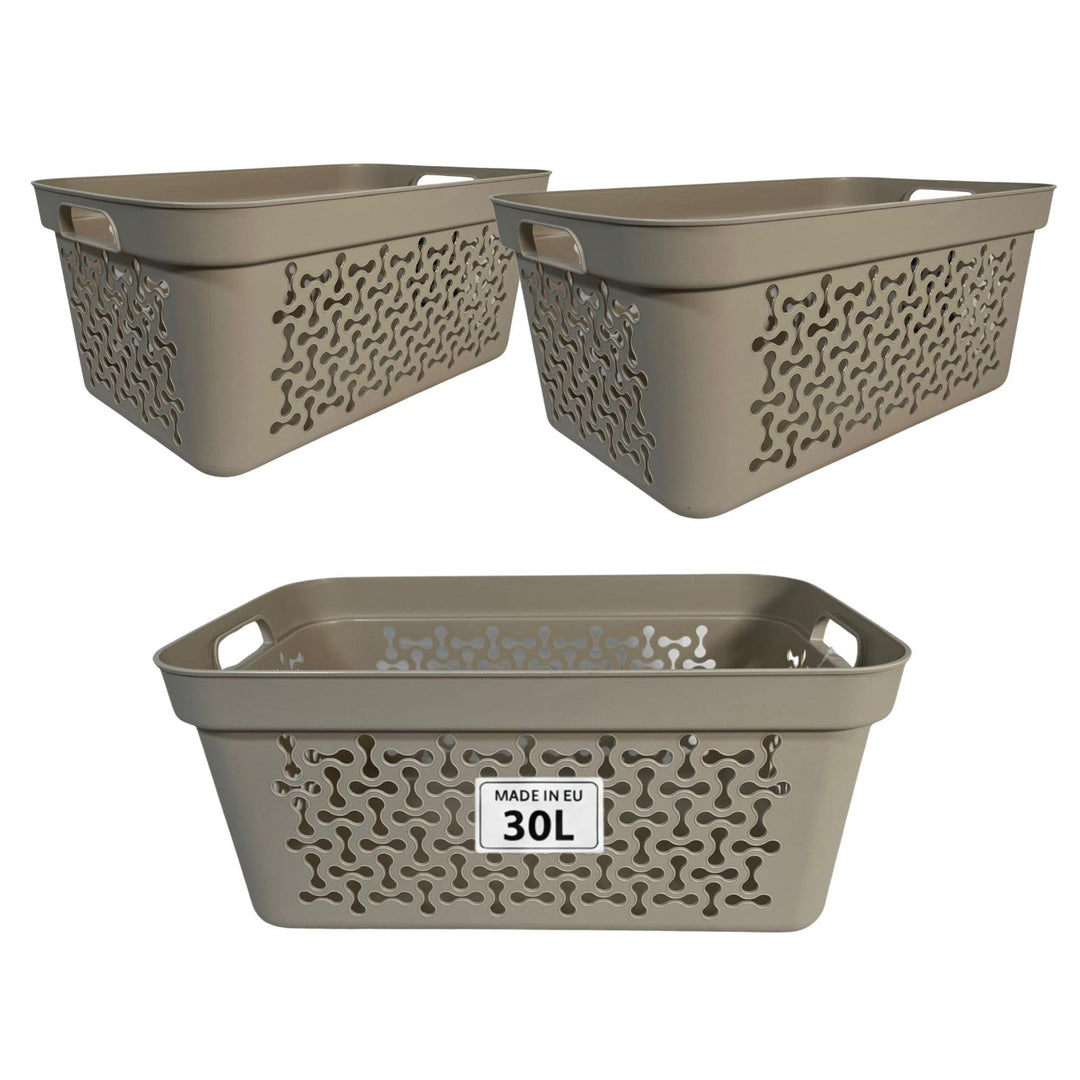 Plastard Wäschekorb 3er Set 30 Liter Beige aus Kunststoff mit Griffen | Stapelbar, robust &amp; leicht z