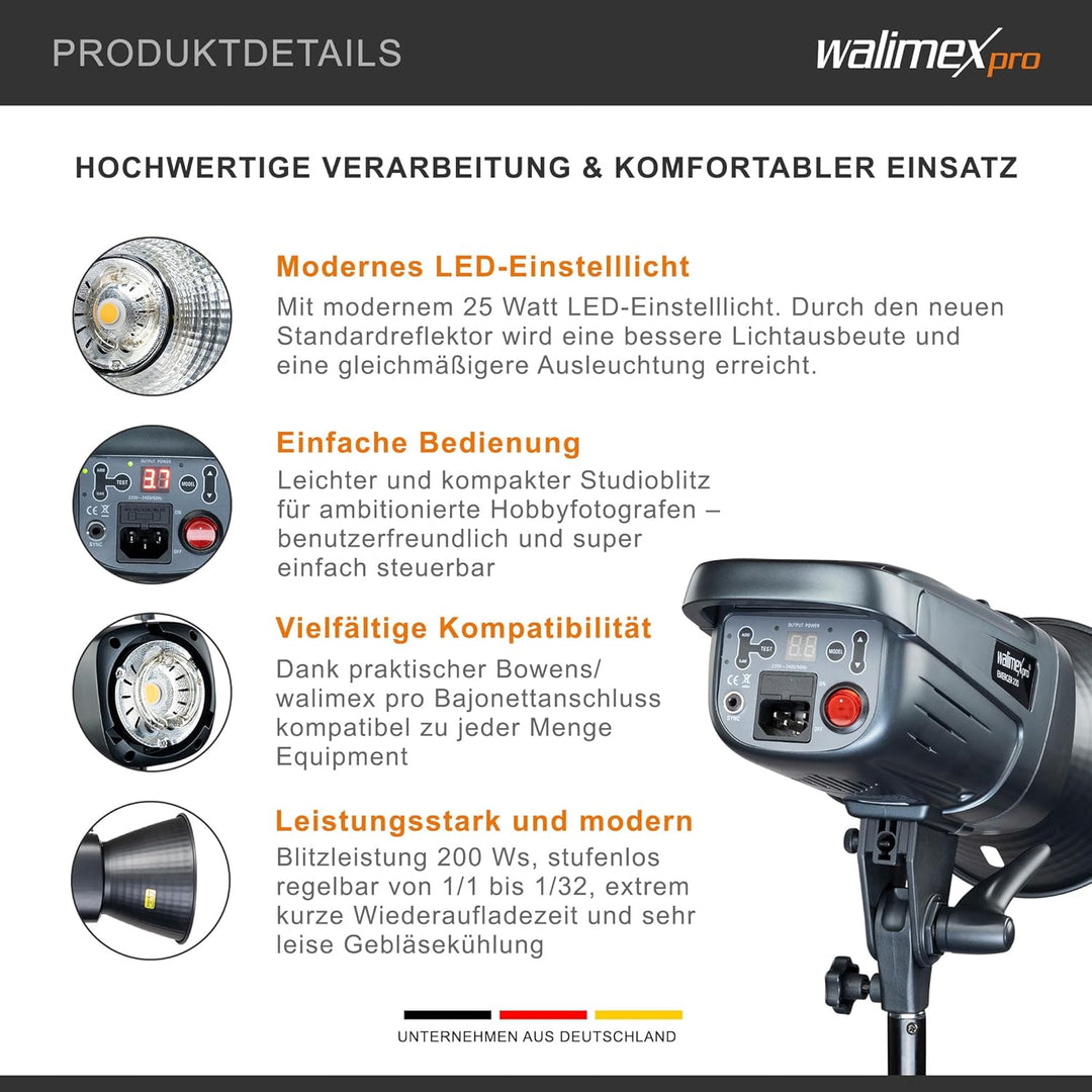 Walimex pro Emerger 200 Studioblitzleuchte - leistungsstarke Studio Blitzleuchte mit 2,4 GHz Empfäng