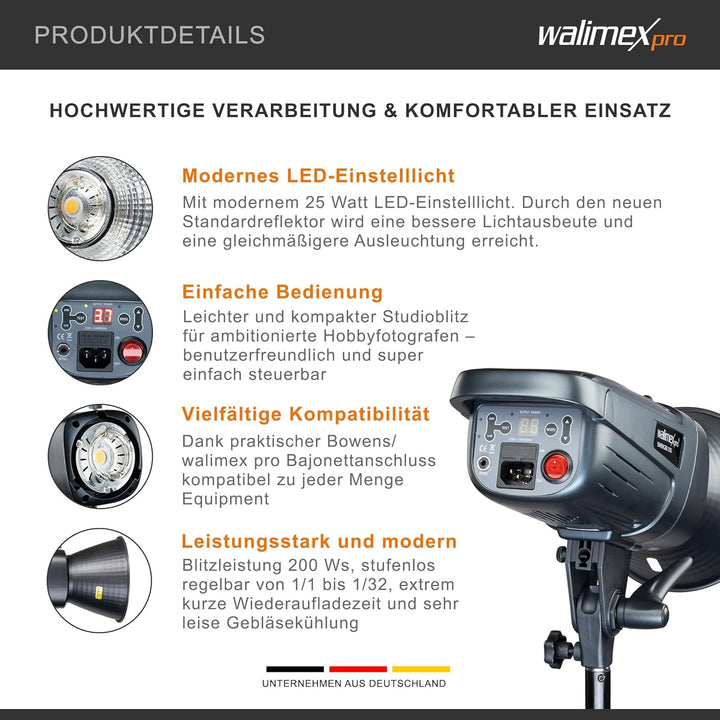 Walimex pro Emerger 200 Studioblitzleuchte - leistungsstarke Studio Blitzleuchte mit 2,4 GHz Empfäng