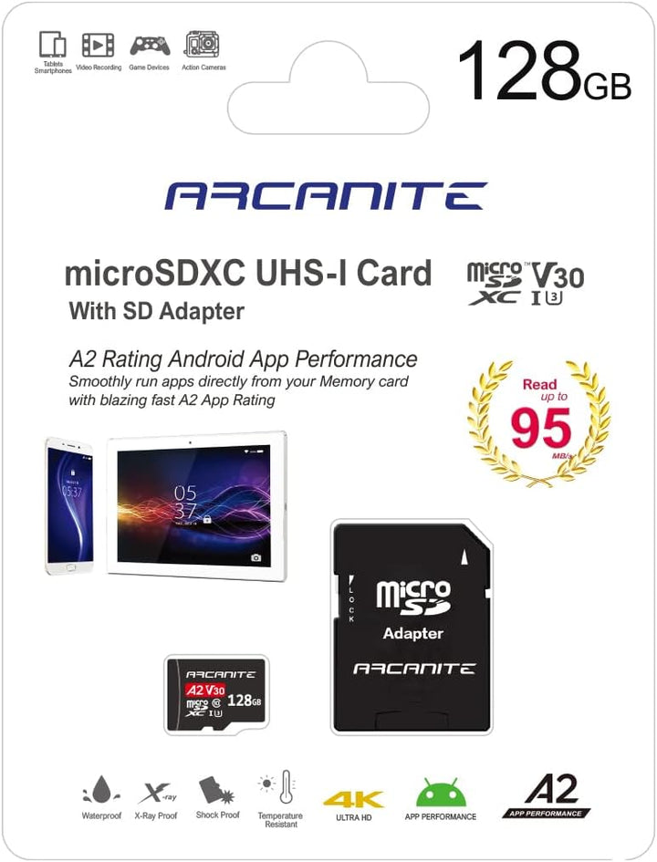 ARCANITE 128 GB microSDXC-Speicherkarte mit Adapter - A2, UHS-I U3, V30, 4K, C10, MicroSD, Lesegesch