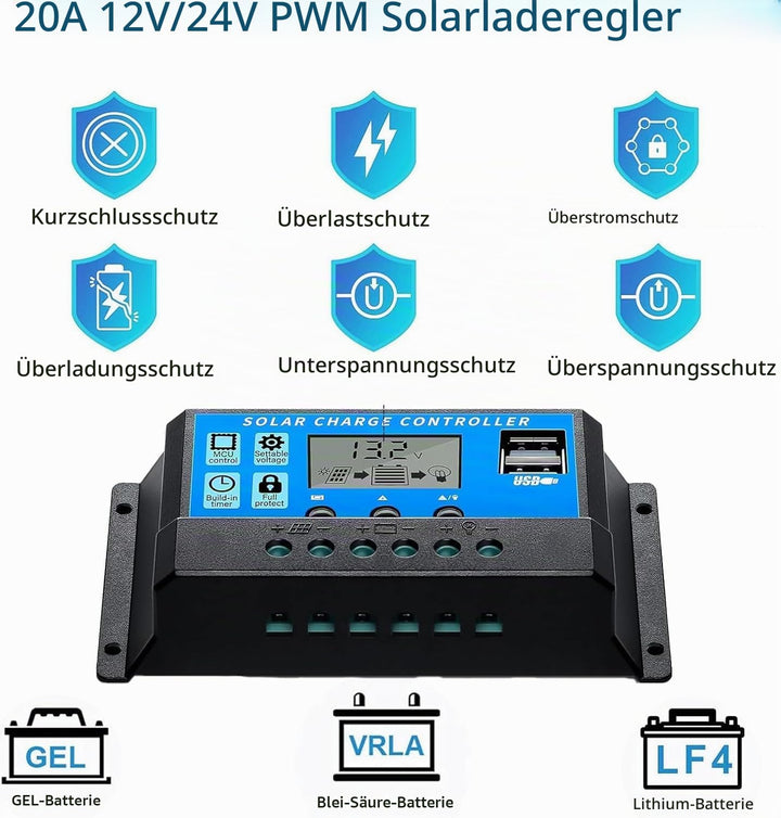 Solarpanel-Kit 200W Monokristallines 2X100Watt Glas 18V Solarmodul+20A 12V/24V Solarladeregler+Solar