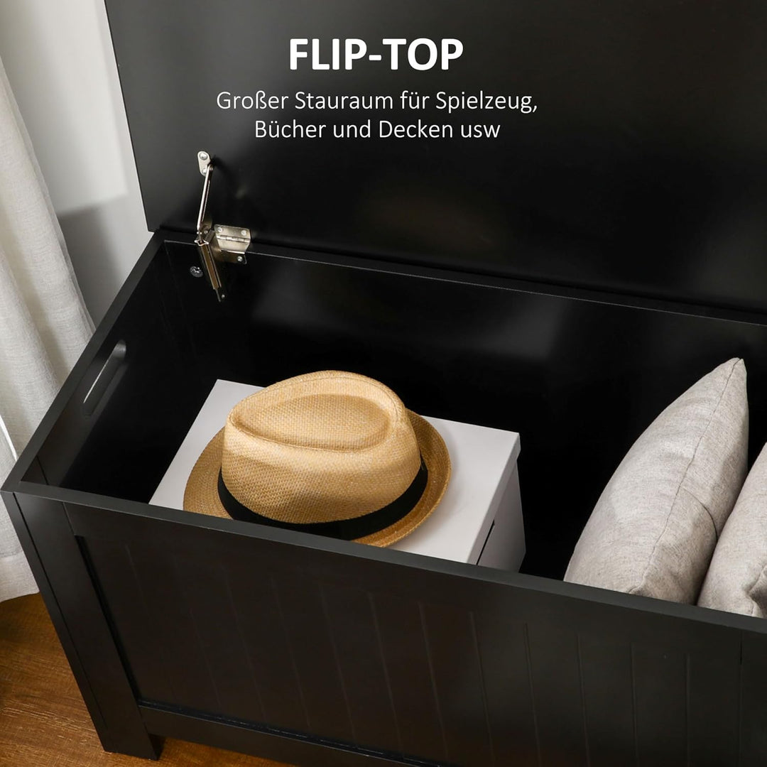 HOMCOM Truhe, Aufbewahrungsbox, Auflagenbox mit Griff, Gerätetruhe mit Deckel, Holzwerkstoff, Schwar