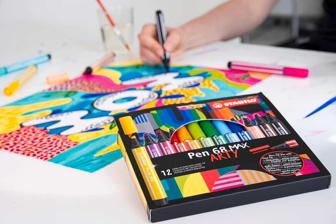 Premium-Filzstift mit dicker Keilspitze - STABILO Pen 68 MAX - ARTY - 24er Pack - mit 24 verschieden