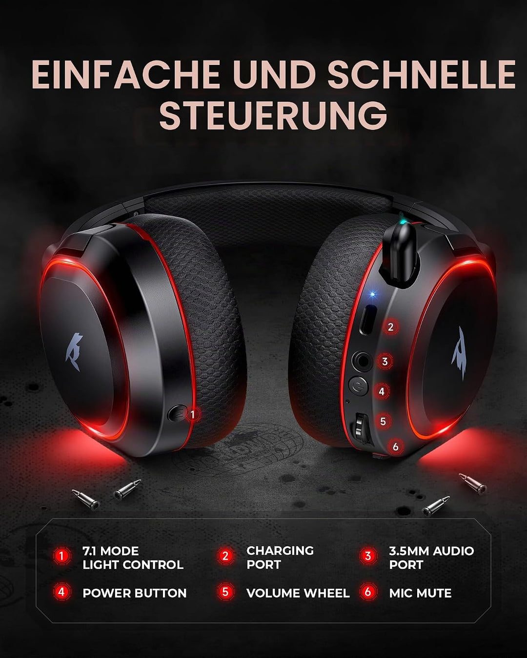Picun G2 Wireless Gaming Headset, Over-Ear 7.1 Virtual Surround Sound, 2.4GHz/Bluetooth 5.4/Wired, 5