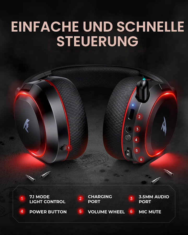 Picun G2 Wireless Gaming Headset, Over-Ear 7.1 Virtual Surround Sound, 2.4GHz/Bluetooth 5.4/Wired, 5