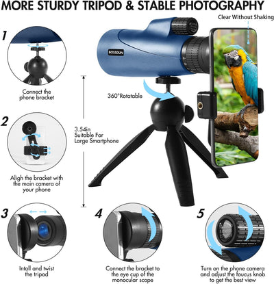 Zoom-Monokular-Teleskop, Hochleistungs-Monokular-Teleskop für Smartphone mit Stativ, HD-Monokular fü