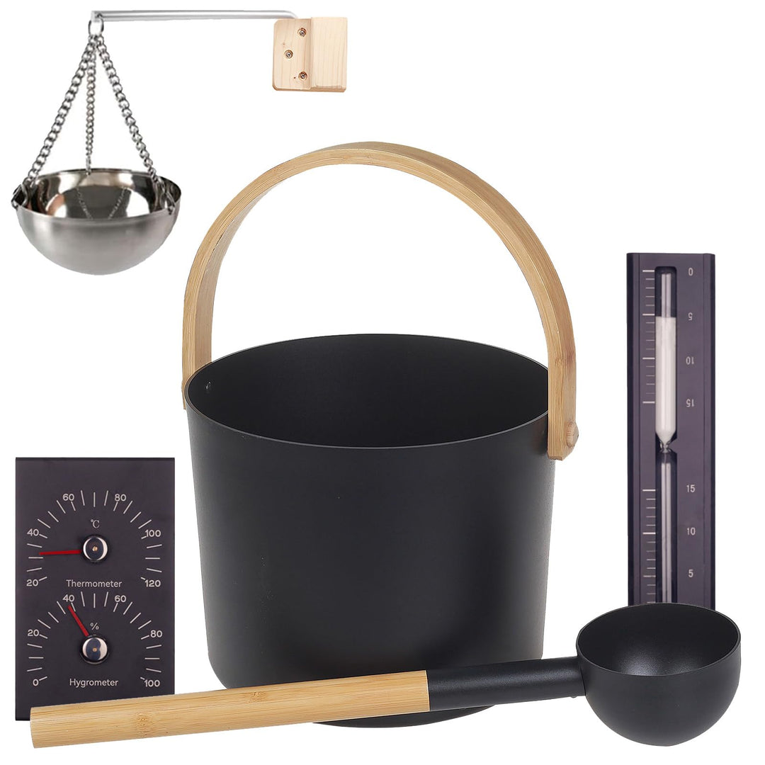 Saunakübel Set, 7L Aluminium Sauna Eimer mit Sanduhr, Saunaschale, Saunakelle, Thermo & Hygrometer,